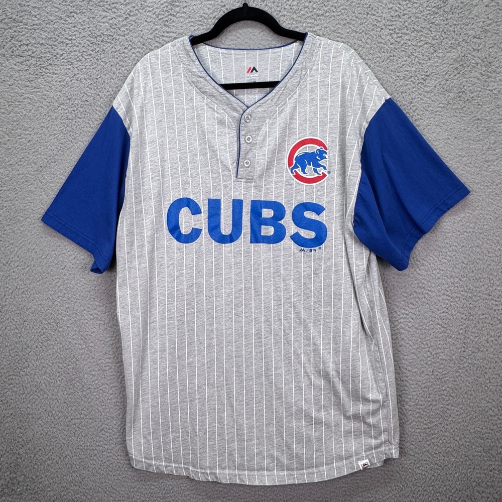 Chicago Cubs Jersey Mens XLT Gray Pinstripe Majestic MLB Baseball Henley Shirt